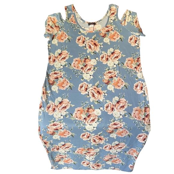 Discreet Women Maxi Dress 3X Blue Floral Shift Short Sleeve Cold Shoulder - Picture 1 of 10